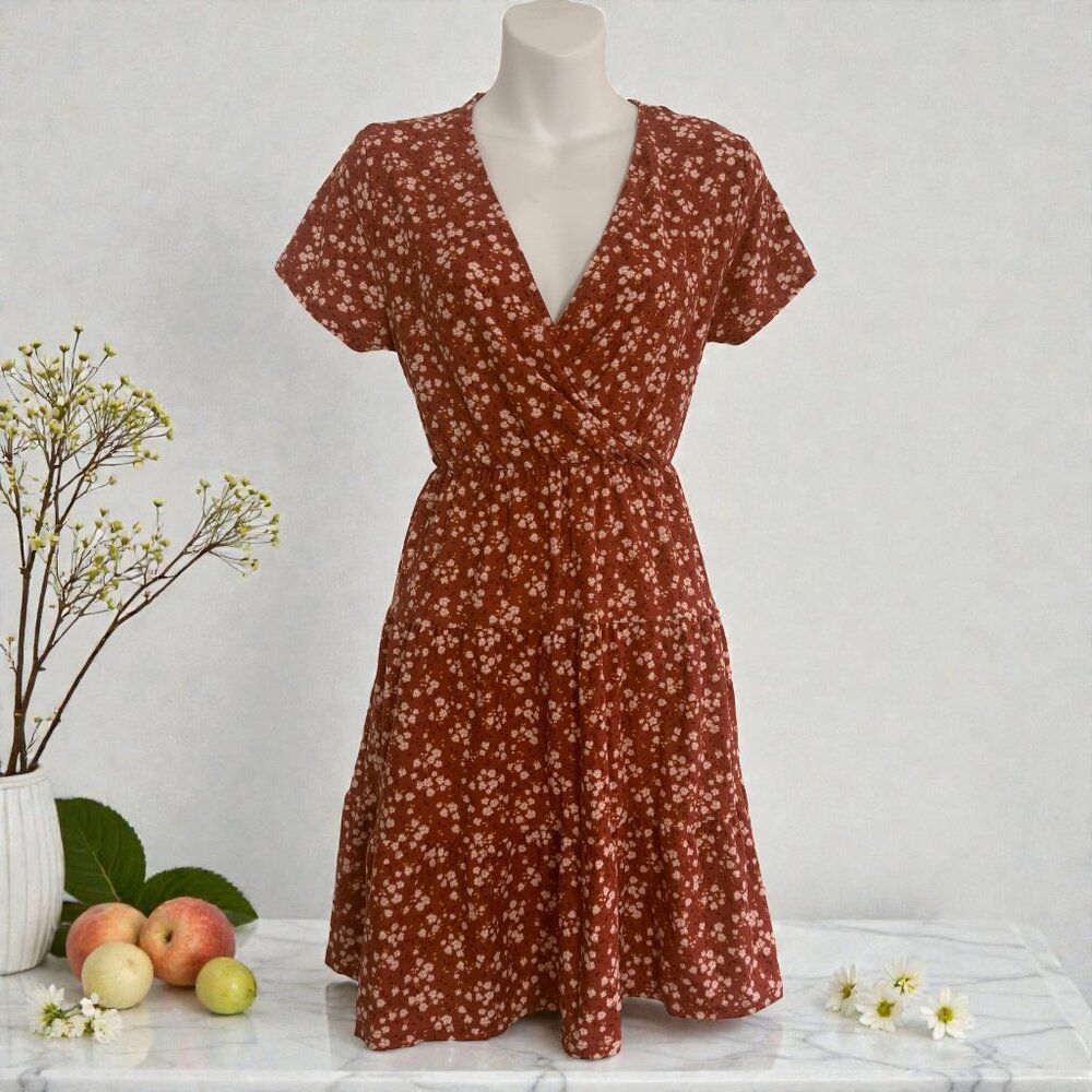 No Boundaries Rust Floral Wrap Dress | Flowy | Tie Back | Size L (11–13) - Picture 1 of 12